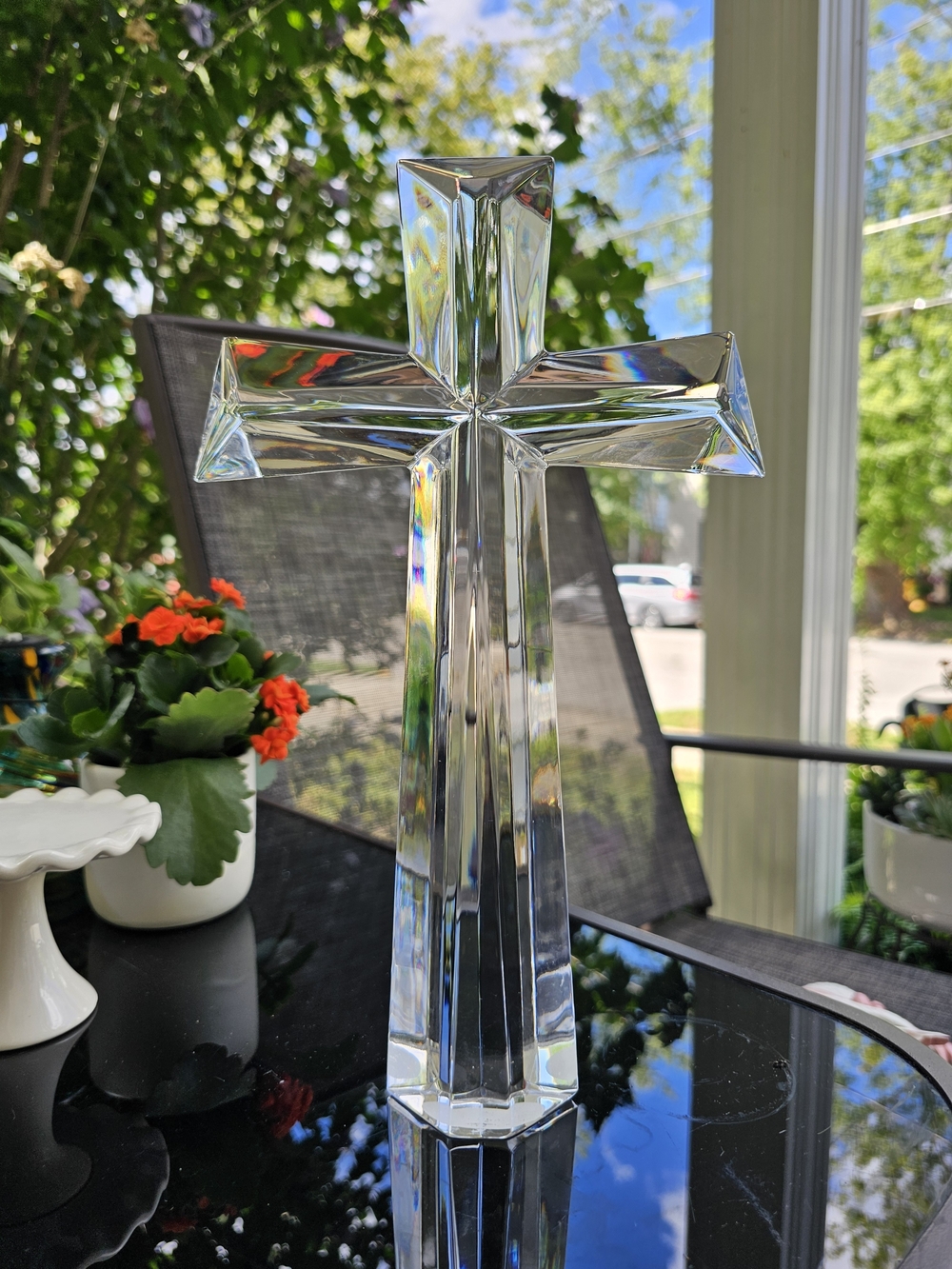 Large 11" Teleflora Fine Bohemian 24% Lead Crystal Cross Standing Figurine RARE
